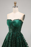 Sparkly Dark Green Sequin Corset  A Line Sweetheart Short Cocktail Dress