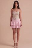 Pink Floral A Line Strapless Short Cocktail Dress with Ruffles