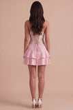 Pink Floral A Line Strapless Short Cocktail Dress with Ruffles
