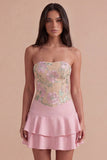 Pink Floral A Line Strapless Short Cocktail Dress with Ruffles