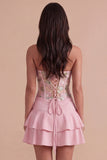 Pink Floral A Line Strapless Short Cocktail Dress with Ruffles