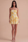 Light Yellow Floral Spaghetti Straps A Line Short Cocktail Dress with Ruffles