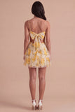 Light Yellow Floral Spaghetti Straps A Line Short Cocktail Dress with Ruffles