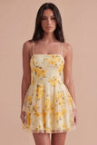Light Yellow Floral Spaghetti Straps A Line Short Cocktail Dress with Ruffles