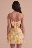 Light Yellow Floral Spaghetti Straps A Line Short Cocktail Dress with Ruffles