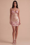 Sparkly Gold and Pink Sequin Floral Bodycon Spaghetti Straps Short Cocktail Dress