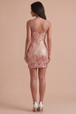 Sparkly Gold and Pink Sequin Floral Bodycon Spaghetti Straps Short Cocktail Dress