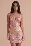 Sparkly Gold and Pink Sequin Floral Bodycon Spaghetti Straps Short Cocktail Dress