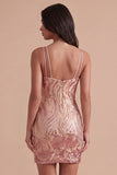Sparkly Gold and Pink Sequin Floral Bodycon Spaghetti Straps Short Cocktail Dress