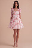 White Pink Floral A Line Square Neck Short Cocktail Dress with Bows