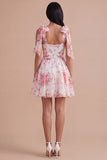 White Pink Floral A Line Square Neck Short Cocktail Dress with Bows