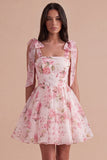 White Pink Floral A Line Square Neck Short Cocktail Dress with Bows