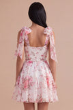 White Pink Floral A Line Square Neck Short Cocktail Dress with Bows