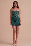 Dark Green Floral Bodycon Sweetheart Short Ruched Cocktail Dress