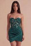 Dark Green Floral Bodycon Sweetheart Short Ruched Cocktail Dress
