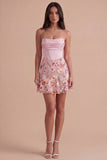 Pink Floral Corset A Line Strapless Short Cocktail Dress