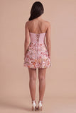 Pink Floral Corset A Line Strapless Short Cocktail Dress