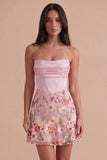 Pink Floral Corset A Line Strapless Short Cocktail Dress