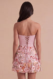 Pink Floral Corset A Line Strapless Short Cocktail Dress