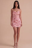 Sparkly Pink Floral Sequin Bodycon Spaghetti Straps Short Cocktail Dress