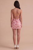 Sparkly Pink Floral Sequin Bodycon Spaghetti Straps Short Cocktail Dress