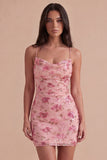Sparkly Pink Floral Sequin Bodycon Spaghetti Straps Short Cocktail Dress