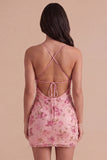Sparkly Pink Floral Sequin Bodycon Spaghetti Straps Short Cocktail Dress