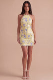 Light Yellow Sparkly Sequin Floral Halter Bodycon Short Cocktail Dress