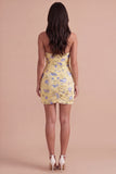 Light Yellow Sparkly Sequin Floral Halter Bodycon Short Cocktail Dress