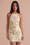 Light Yellow Sparkly Sequin Floral Halter Bodycon Short Cocktail Dress