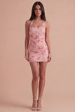 Pink Sparkly Floral Sequin Bodycon Halter Short Cocktail Dress