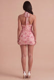Pink Sparkly Floral Sequin Bodycon Halter Short Cocktail Dress