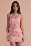 Pink Sparkly Floral Sequin Bodycon Halter Short Cocktail Dress