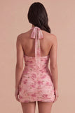 Pink Sparkly Floral Sequin Bodycon Halter Short Cocktail Dress