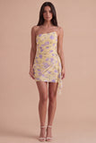 Light Yellow Floral Bodycon One Shoulder Short Cocktail Dress