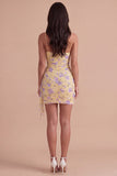 Light Yellow Floral Bodycon One Shoulder Short Cocktail Dress