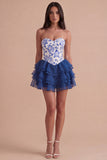 Blue Floral A Line Sweetheart Ruffled Short Cocktail Dress