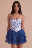 Blue Floral A Line Sweetheart Ruffled Short Cocktail Dress