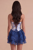 Blue Floral A Line Sweetheart Ruffled Short Cocktail Dress