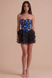 Blue and Black Floral Sweetheart Ruffled A Line Short Cocktail Dress