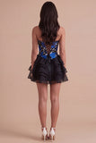 Blue and Black Floral Sweetheart Ruffled A Line Short Cocktail Dress