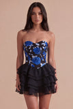 Blue and Black Floral Sweetheart Ruffled A Line Short Cocktail Dress