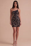 Black Sparkly Sequin One Shoulder Bodycon Short Cocktail Dress