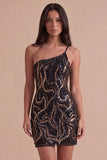Black Sparkly Sequin One Shoulder Bodycon Short Cocktail Dress