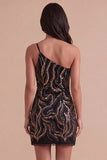 Black Sparkly Sequin One Shoulder Bodycon Short Cocktail Dress