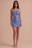 Blue Sparkly Sequin One Shoulder Bodycon Short Cocktail Dress