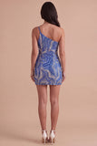 Blue Sparkly Sequin One Shoulder Bodycon Short Cocktail Dress