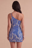 Blue Sparkly Sequin One Shoulder Bodycon Short Cocktail Dress