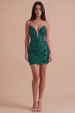Dark Green Sparkly Sequin Strapless Bodycon Short Cocktail Dress