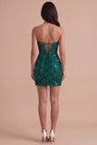 Dark Green Sparkly Sequin Strapless Bodycon Short Cocktail Dress